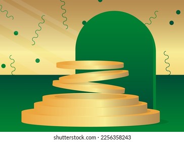 Mockup Green and Gold product display. Abstract vector 3D room, futuristic cylinder pedestal podium. Stage showcase for presentation. Sci-fi geometric forms, empty scene.