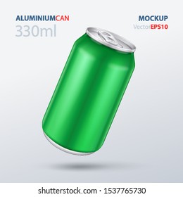 Mockup Green Metal Aluminum Beverage Drink Can 500ml, 0,5L. Beer, Soda, Lemonade, Juice, Energy. Mock Up Template Ready For Your Design. On Gray Background. Product Packing. Vector EPS10