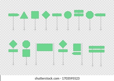 Mockup green traffic sign isolated on transparent background. Road signpost. Blank board with place for text. Direction. Vector illustration.