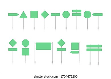 Mockup green traffic sign isolated on white background. Road signpost. Blank board with place for text. Direction. Vector illustration.