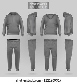 Mockup of the grey sportswear hoodie and trousers in four dimensions: front, side and back view, gradient mesh vector. Clothes for sport and urban style