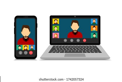 Mockup Group Video Calls On A Smartphone And Laptop In Cartoon Style. Video Conference. Online Meetings. Quarantine.