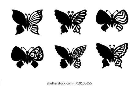 Mockup guest wedding place cards. Laser cut vector set. Collection of black butterflies isolated on transparent background. Silhouette flying insects. Wood carving template. Wine glass decoration tag.