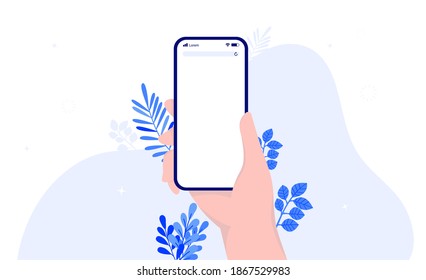 Mockup with hand holding phone with blank screen and decorative background. Template for you own design. Vector illustration.