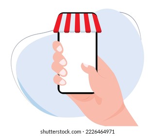 mockup hand holding smartphone with blank screen for online store sales promotion. flat design vector