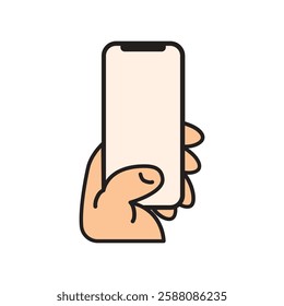 Mockup of Hand Holding Smartphone with White Screen. Vector Flat Illustration Isolated on White Background. Perfect for Communication-themed Assets, Digital Products, and Creative Projects.