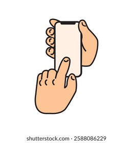 Mockup of Hands Operating Smartphone with White Screen. Vector Flat Illustration Isolated on White Background. Perfect for Communication-themed Assets, Digital Products, and Creative Projects.
