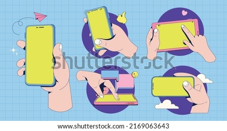 Mock-up of hands with phones. Hands holding phones and tablet in different view. Speech bubble with icon app. Background in retro style with modern drawing. Illustration social network in your phone.