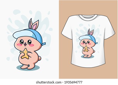 Mockup happy rabbit with hat cartoon illustration