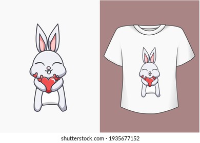 Mockup happy rabbit with heart cartoon illustration