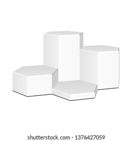 Mockup Hexagonal, Hexagon Stage Podium Isolated on White Background. 3d Pedestal. Vector illustration. Mock Up Ready For Your Design. Product Advertising. Vector EPS10