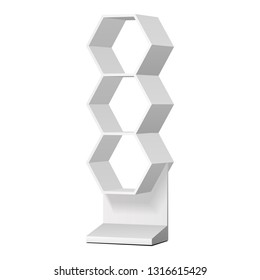 Mockup Hexagonal Retail Shelves Floor Display Rack For Supermarket Blank Empty. Cell. Cardboard . Mock Up. 3D On White Background Isolated. Ready For Your Design. Product Advertising. Vector EPS10