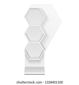 Mockup Hexagonal Retail Shelves Floor Display Rack For Supermarket Blank Empty. Cell. Cardboard . Mock Up. 3D On White Background Isolated. Ready For Your Design. Product Advertising. Vector EPS10