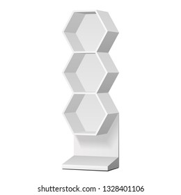 Mockup Hexagonal Retail Shelves Floor Display Rack For Supermarket Blank Empty. Cell. Cardboard . Mock Up. 3D On White Background Isolated. Ready For Your Design. Product Advertising. Vector EPS10