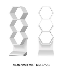 Mockup Hexagonal Retail Shelves Floor Display Rack For Supermarket Blank Empty. Cell. Cardboard . Mock Up. 3D On White Background Isolated. Ready For Your Design. Product Advertising. Vector EPS10