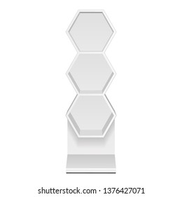 Mockup Hexagonal Retail Shelves Floor Display Rack For Supermarket Blank Empty. Cell. Cardboard . Mock Up. 3D On White Background Isolated. Ready For Your Design. Product Advertising. Vector EPS10