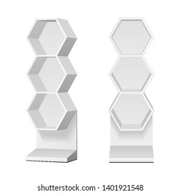 Mockup Hexagonal Retail Shelves Floor Display Rack For Supermarket Blank Empty. Cell. Cardboard . Mock Up. 3D On White Background Isolated. Ready For Your Design. Product Advertising. Vector EPS10