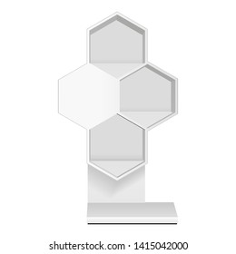 Mockup Hexagonal Retail Shelves Floor Display Rack For Supermarket Blank Empty. Cell. Cardboard . Mock Up. 3D On White Background Isolated. Ready For Your Design. Product Advertising. Vector EPS10
