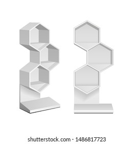 Mockup Hexagonal Retail Shelves Floor Display Rack For Supermarket Blank Empty. Cell. Cardboard . Mock Up. 3D On White Background Isolated. Ready For Your Design. Product Advertising. Vector EPS10