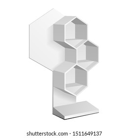 Mockup Hexagonal Retail Shelves Floor Display Rack For Supermarket Blank Empty. Cell. Cardboard . Mock Up. 3D On White Background Isolated. Ready For Your Design. Product Advertising. Vector EPS10