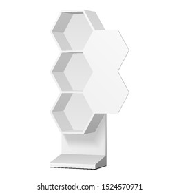 Mockup Hexagonal Retail Shelves Floor Display Rack For Supermarket Blank Empty. Cell. Cardboard . Mock Up. 3D On White Background Isolated. Ready For Your Design. Product Advertising. Vector EPS10