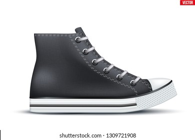 Mockup of High Top Canvas Sneaker. Black color. Example gumshoes. Realistic Editable Vector Illustration isolated on white background.