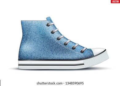 Trama de alta gama de zapatillas de tela superior. Denim color. Ejemplo de zapatillas de goma. Ilustración de vectores editables realistas aislada en fondo blanco.