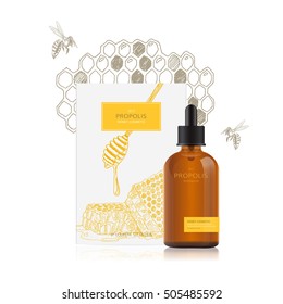 Mockup for honey cosmetics and propolis  Vector packaging design for bottle   packing box  Natural organic spa cosmetics and illustration honeycomb  bee in woodcut style  Easy edit 
