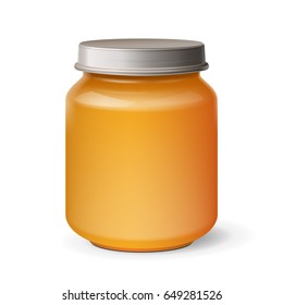 Mockup Honey, Jam, Jelly Yellow Glass Jar. Organic Baby Food Puree. Illustration Isolated On White Background. Mock Up Template Ready For Your Design.
