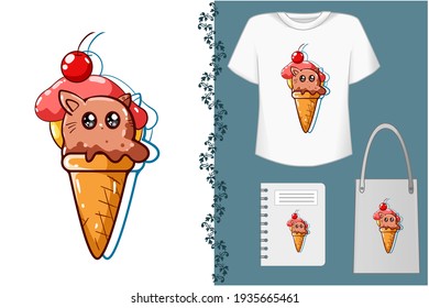 Mockup ice cream cat illustration