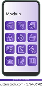 mockup icon set. included calendar, gift, shopping bag, online shop, megaphone, money, towel, placeholder, barcode, stopwatch, shopping basket icons on phone design background . linear styles.