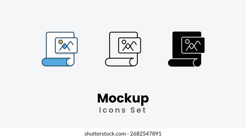 Iconos de maqueta línea delgada, glifo negro, línea de color icono de Vector Ilustración de stock