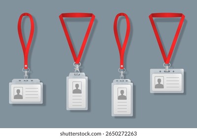 Mockup of id badge with lanyard strap blank card holder corporate identity access name tag plastic template branding office vip ribbon event security realistic pass vector design isolated illustration