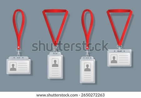 Mockup of id badge with lanyard strap blank card holder corporate identity access name tag plastic template branding office vip ribbon event security realistic pass vector design isolated illustration