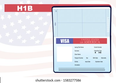 Mockup Illustration Of Passport, American VISA Page For The Class R, Visa Type/H1B.  Copy Space