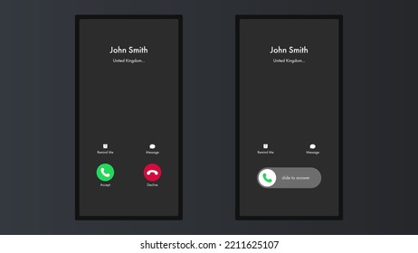 Mockup incoming call, voicemail screen, smartphone interface vector template. Flat UI, UX for application. New Call screen template. Web app display template. Realistic mobile mockup. Vector.