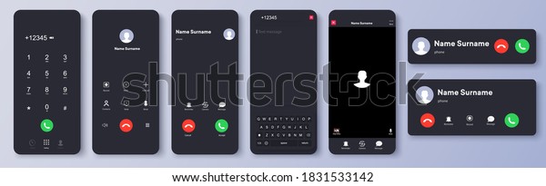 Mockup incoming call, voicemail screen, smartphone\
interface vector template. Flat UI, UX for application. New Call\
screen template. Web app display template. Realistic mobile mockup.\
Vector