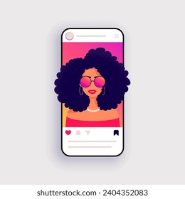 Mockup instagram post, app, ui. Smartphone screen template with social media page and girl blogger. Web interface layout. Social media concept. Vector illustration