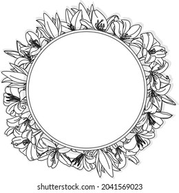 Mockup invitation, blank greeting card and lilly flowers. Flat lay, top view monochrome.