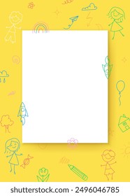 A mockup of kids drawings with doodles on a paper sheet. Blank page with shadows, perfect for abstract, cute, and childish designs. Ideal for posters, prints, or marketing. Not AI.