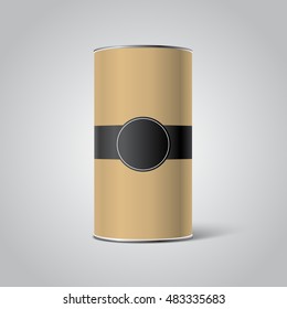 Mockup of kraft cardboard Blank Tincan packaging with black Tag on gray background. Place your design