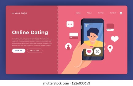 Mockup landing page website concpt dating online application via hand hold mobile chat and social activity relationship between man and woman. Vector illustrate.