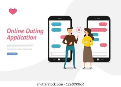 Mockup Landing Page Website Konzept Datierung Online-Anwendung über Hand halten mobilen Chat und soziale Aktivität Beziehung zwischen Mann und Frau. Vektorgrafik.