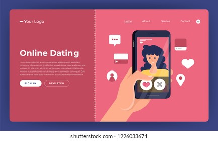 Mockup landing page website concpt dating online application via hand hold mobile chat and social activity relationship between man and woman. Vector illustrate.