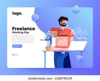 Mockup Landing page website. Illustrations concept businessman working with laptop. Vector illustrate.