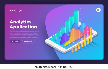 Mockup landing page website isometric design concept mobile application analytics tools. Vector illustrations.