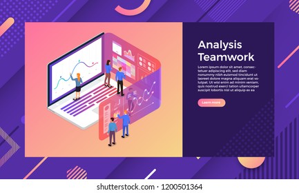 Mockup landing page website isometric design concept mobile application analytics tools via teamwork business. Vector illustrations.