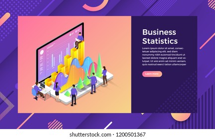 Mockup landing page website isometric design concept Business Statistics marketing success. Vector illustrations.