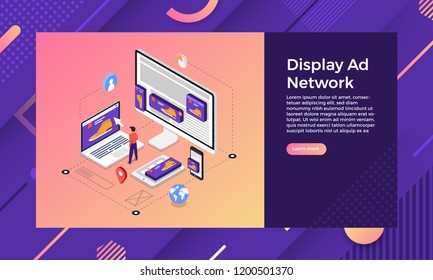 Mockup Landing Page Website Isometric Design Concept Display Ad Banner Networks. Vector Illustrations.