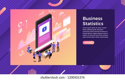 Mockup landing page website isometric design concept SEO optimization teamwork. Vector illustrations.